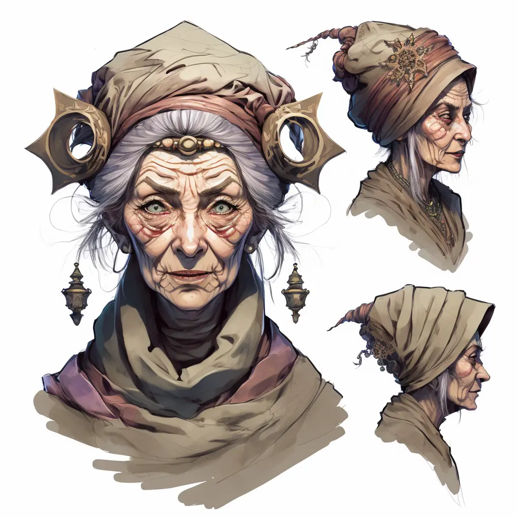 wizened old female fortuneteller, head, close up character design, multiple concept designs, concept design sheet, white background, style of Yoshitaka Amano
